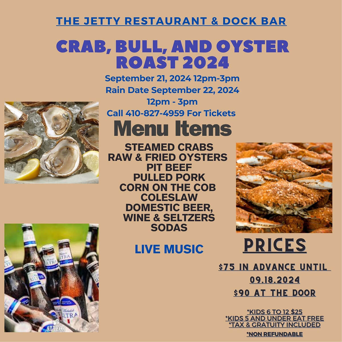 Crab, Bull, and Oyster Roast - Sept 21 - Call 410-827-4959 for tickets